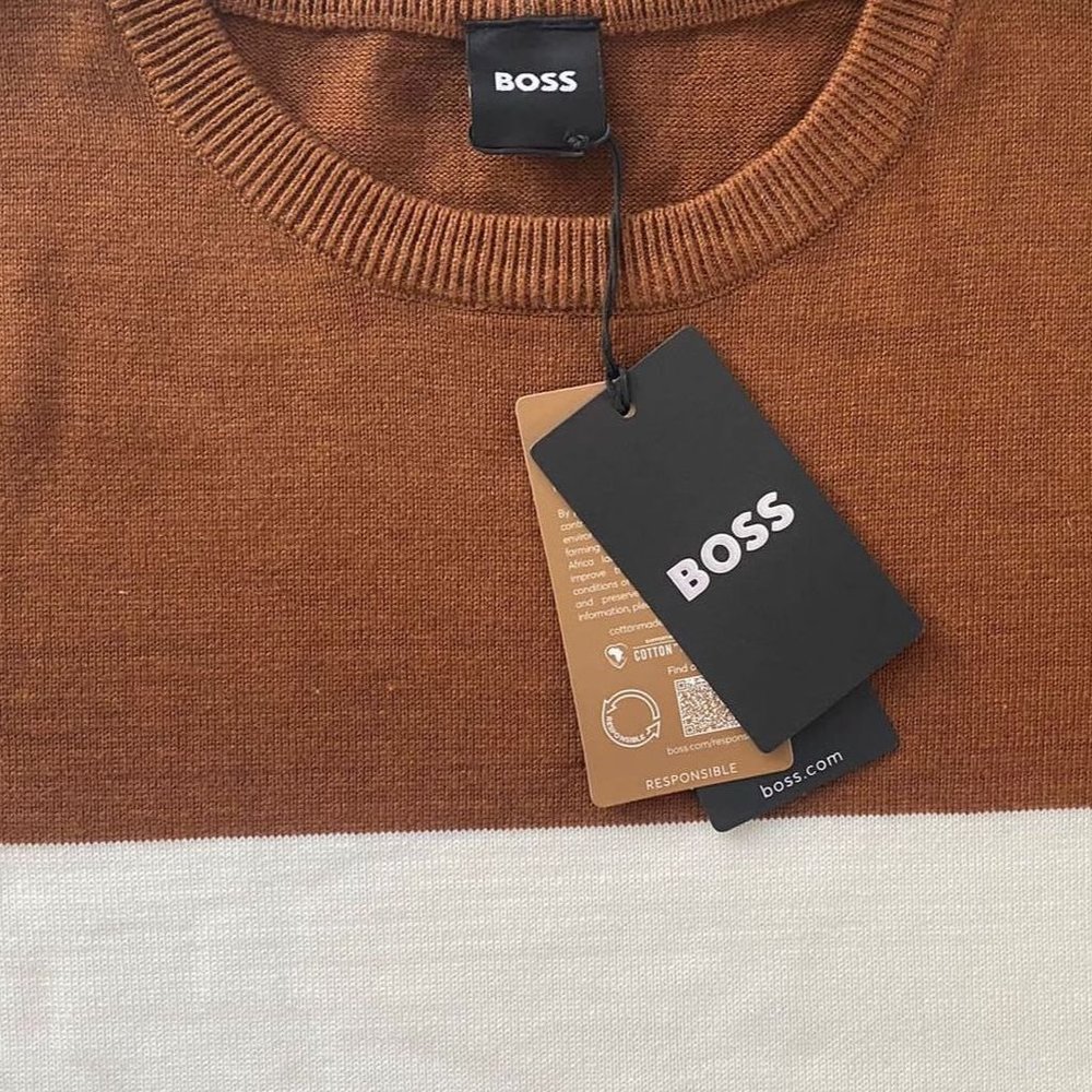 NWT Hugo Boss Men's Fine-Knit Cotton Sweater With Striped Trims  Large - Picture 2 of 6
